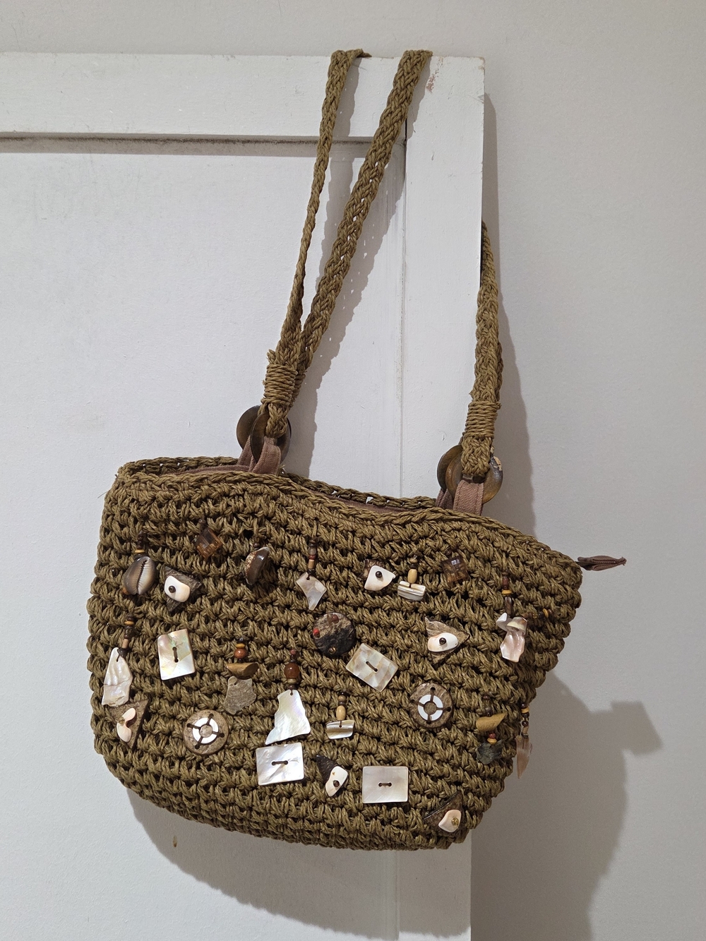 Capelli of New York Olive Woven Shell-Embellished Shoulder Bag